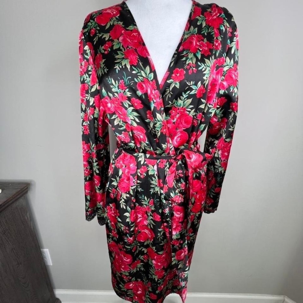 Victoria's Secret PINK Floral Satin Robe Wrap Kimono Large Black Red Roses Lace